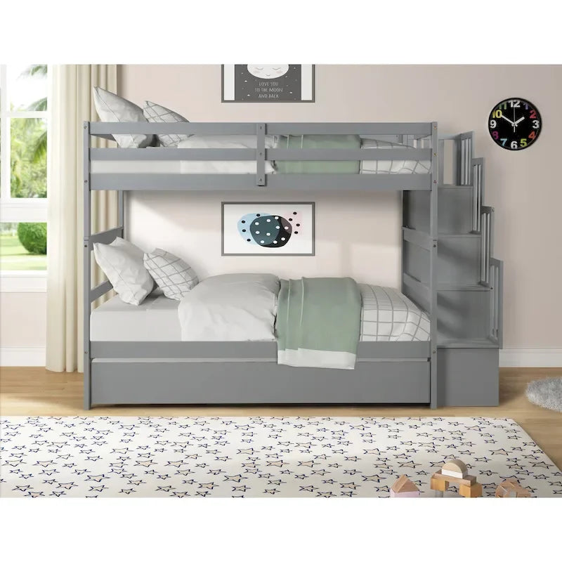 Lits superposés jumeaux avec lit gigogne jumeau et rangements dans l’escalier, coloris gris