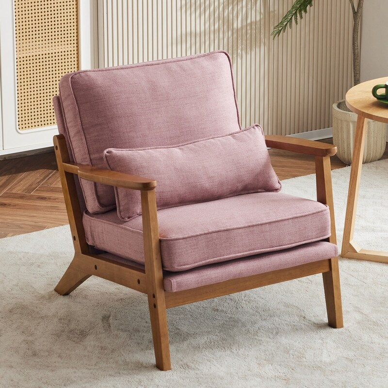 Polster-Sessel aus Leinenmischgewebe mit Holzbeinen und einem Kissen, Beige