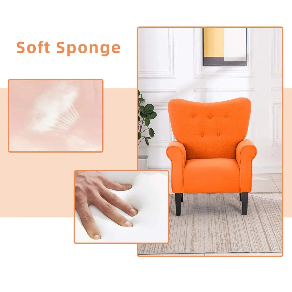 Erommy moderne accentstoel, fauteuil met hoge rugleuning, gestoffeerde stoffen fauteuil met knopen en houten poten voor de woonkamer