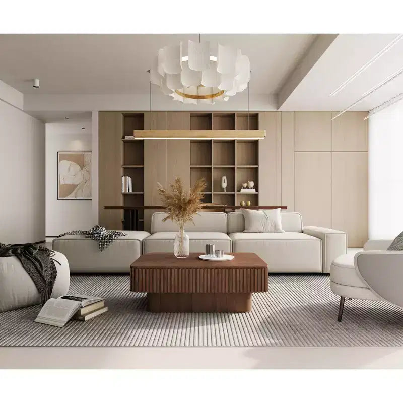 Table basse cannelée JVNOXK de 38,6' avec plateau relevable et rangement, placage en bois massif, hauteur réglable, table d’appoint moderne pour le salon ou la chambre, noyer