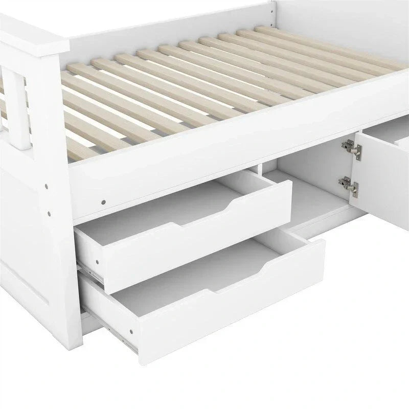 Lit plateforme de capitaine Twin/Full avec 4 tiroirs et étagères de rangement, structure en bois massif avec tête de lit bibliothèque et rangements