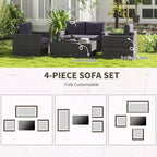 4-teiliges Rattan-Sofaset, Korbsofaset für die Terrasse mit Zweiersofa, Sesseln und Couchtisch mit Glasplatte für Garten und Außenbereich