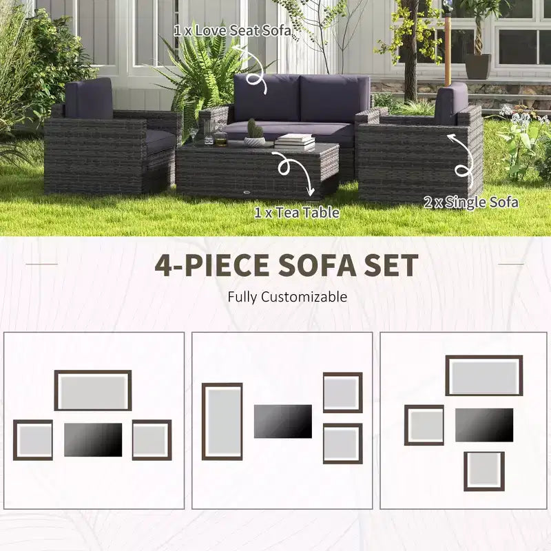 4-teiliges Rattan-Sofaset, Korbsofaset für die Terrasse mit Zweiersofa, Sesseln und Couchtisch mit Glasplatte für Garten und Außenbereich