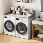 Wood Washer and Dryer Topper, 54 Laundry Countertop with 2-Tier Storage Shelf, Anti-Slip Work Surface with Guardrails for Laundry Organization