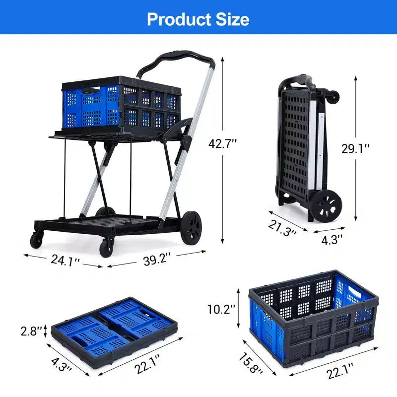 Chariots de courses pliants à 2 niveaux pour provisions, capacité de 198 lb, chariot à provisions pliable et portable avec roues et caisse amovible pour centre commercial et marché, bleu