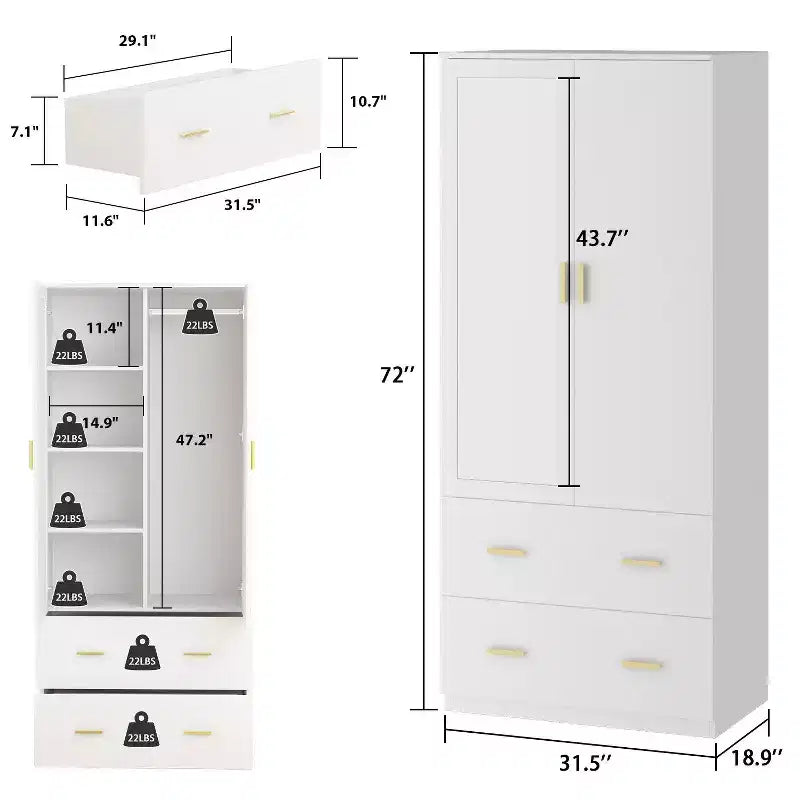 Hitow Kleiderschrank mit Doppelschublade, Spiegeltüren und zoniertem Stauraum