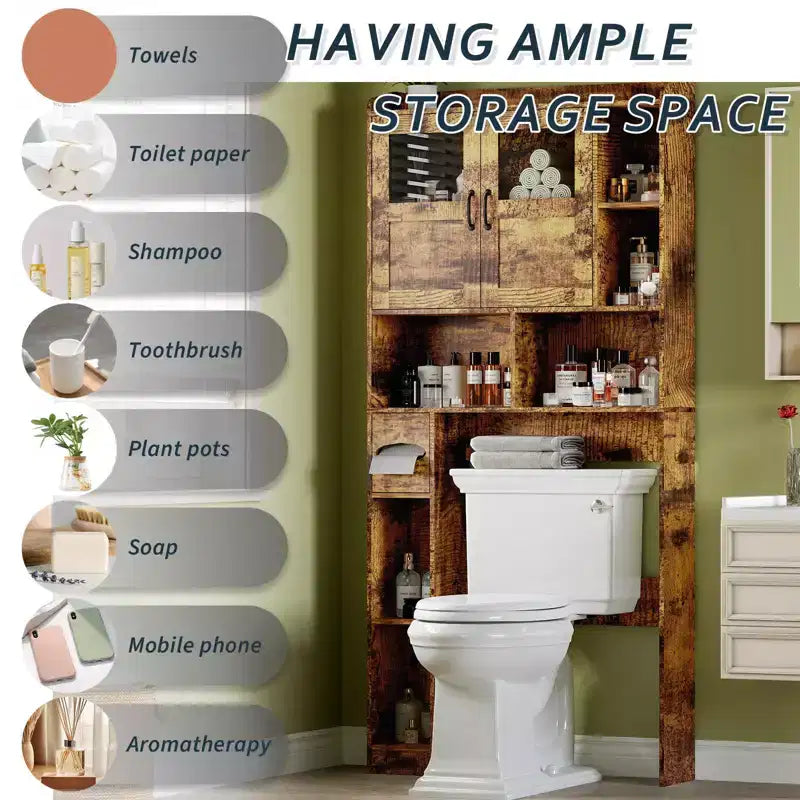Opbergkast boven het toilet – 171,2 cm hoog, badkamerorganizer en opbergruimte in boerderijstijl met verstelbare plank en glazen deur voor badkamer en wasruimte