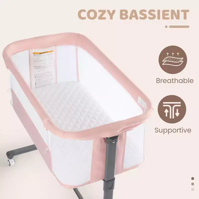 Babywiegje met wielen ??Beige / Grijs / Roze, aanschuifwiegje, voor 1 baby