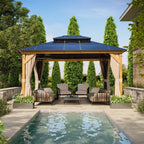 EROMMY Pavillon mit festem Dach, Outdoor-Pergola mit Doppeldach, Netzvorhängen und Vorhängen, robustes Vordach für Terrasse, Garten und Poolpartys