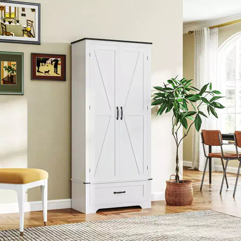 HOMCOM 72 Landhaus-Speisekammernschrank mit Scheunentüren, hoher Küchenschrank mit verstellbaren Einlegeböden und Schublade