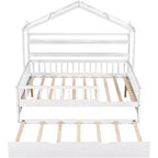 Acekool Full Size House Bed Frame with Twin Trundle, Storage Drawers & Shelves, Roof & Fence, Kids Platform Bed, White