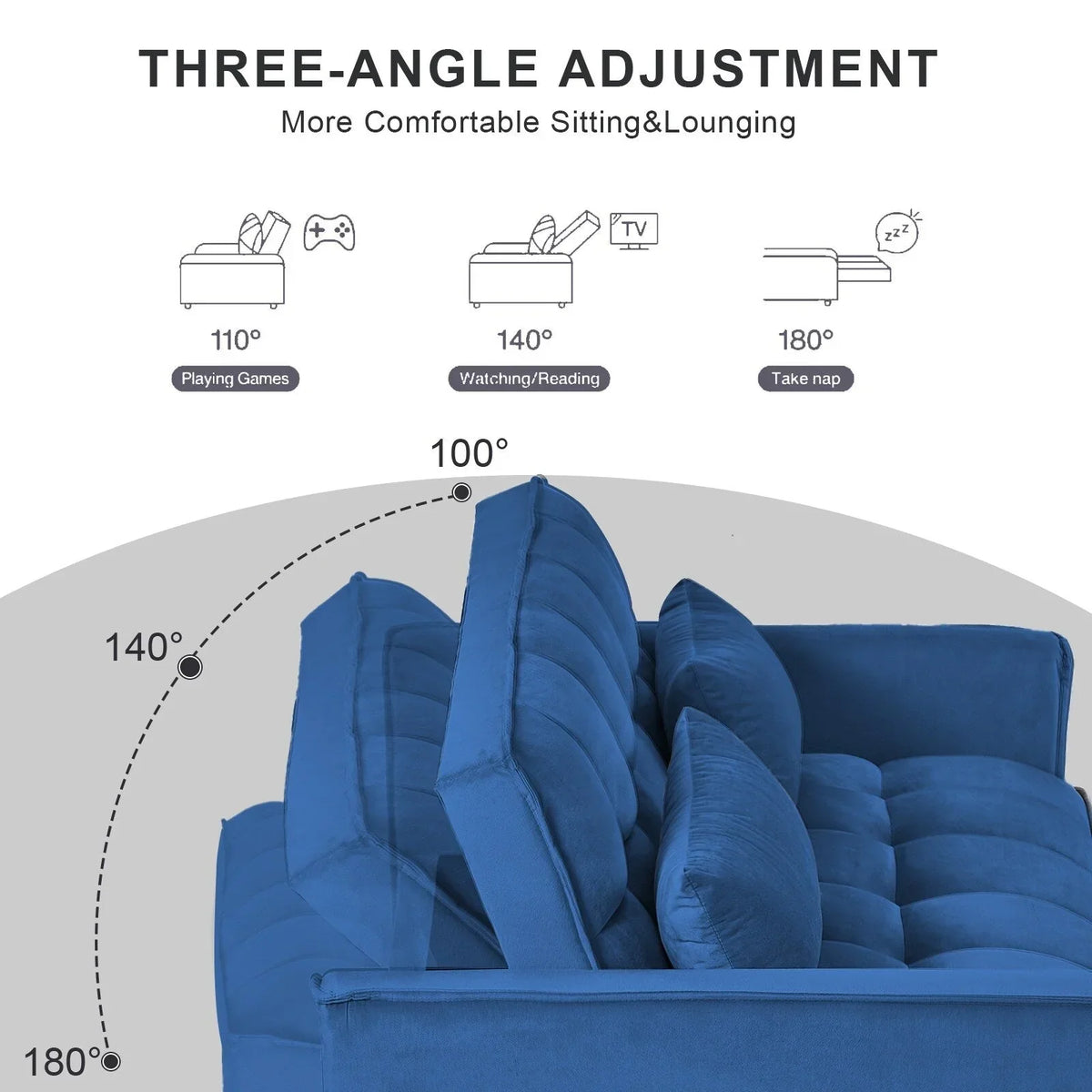 Modernes ausziehbares Schlafsofa, 3-in-1-Schlafsofa mit verstellbarer Rückenlehne, Samt-Loveseat, Kissen und Seitentaschen