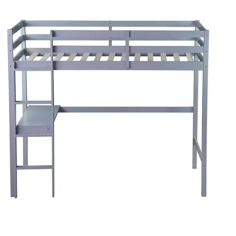 Okak Hochbett im minimalistischen Loft-Stil mit Leiter, Hochbett aus Gummibaumholz für eine Person mit Sicherheitsgeländer und integriertem Schreibtisch, Bettgestell für Kinder und Jugendliche