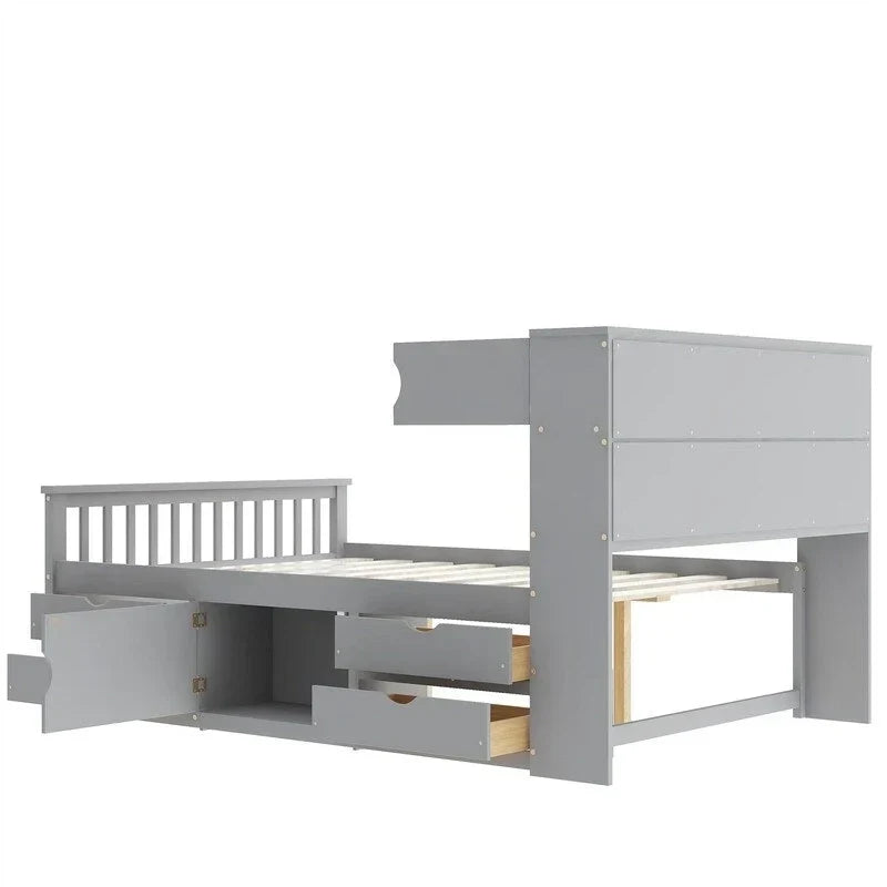 Lit plateforme de capitaine Twin/Full avec 4 tiroirs et étagères de rangement, structure en bois massif avec tête de lit bibliothèque et rangements