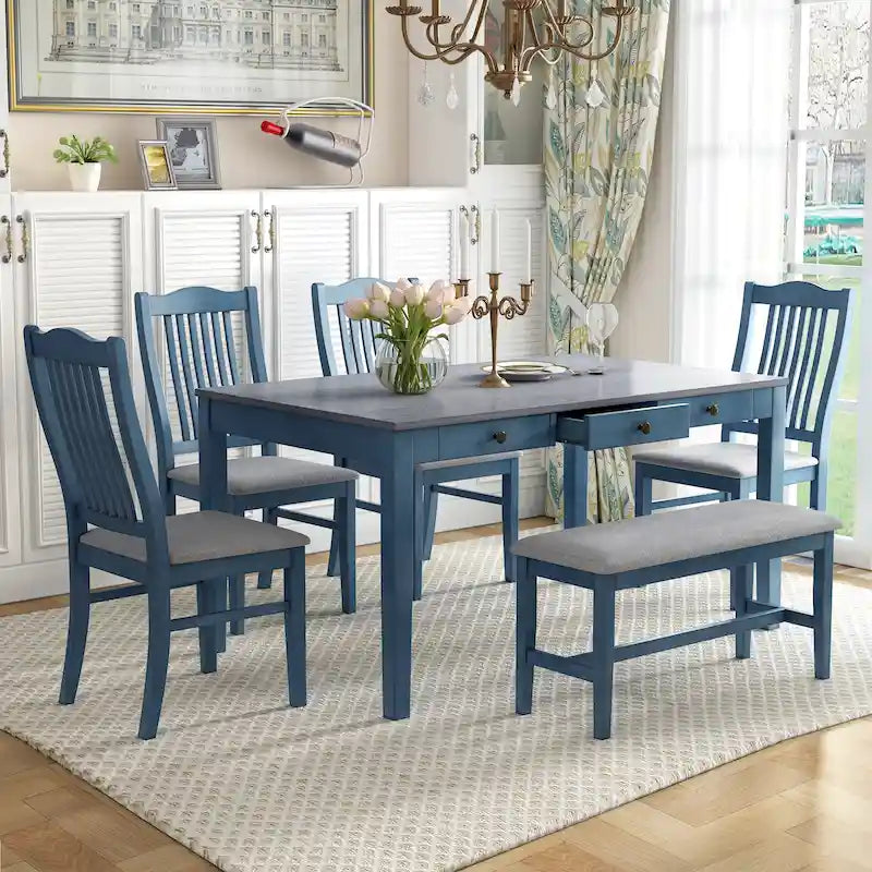 6-delige houten eetkamerset met 4 stoelen en bank, tafel met lade