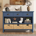 Console d’entrée avec rangement, table de couloir de style champêtre avec 3 tiroirs et 3 paniers en jacinthe d’eau pour le salon ou le vestibule – Panipeachy