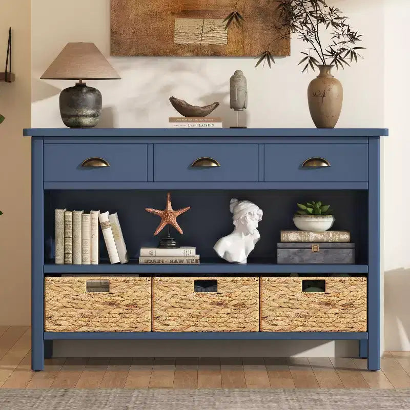 Console d’entrée avec rangement, table de couloir de style champêtre avec 3 tiroirs et 3 paniers en jacinthe d’eau pour le salon ou le vestibule – Panipeachy