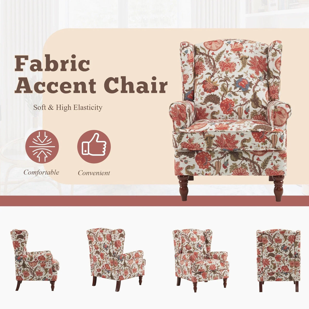 Erommy moderne accentstoel, fauteuil met hoge rugleuning, gestoffeerde stoffen fauteuil met knopen en houten poten voor de woonkamer