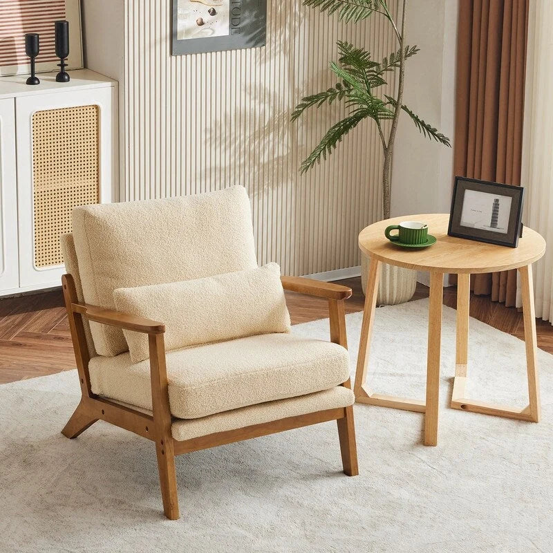 Polster-Sessel aus Leinenmischgewebe mit Holzbeinen und einem Kissen, Beige
