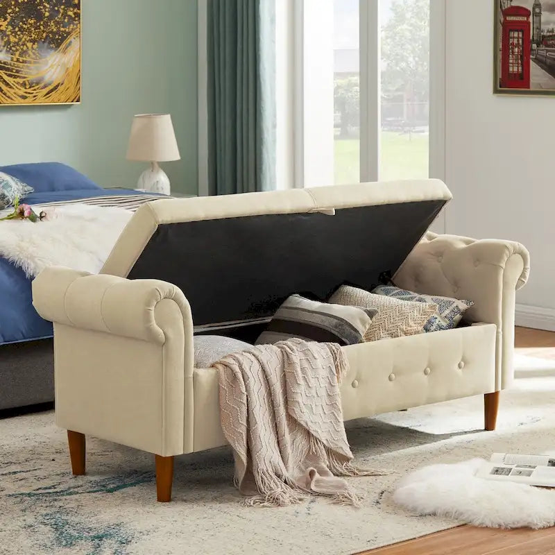 Banquette de rangement pour chambre, bout de lit, ottomane en velours à accoudoirs arrondis, canapé-banc long