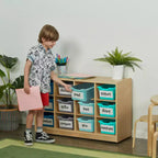 Meuble mobile à plateaux avec casiers et 15 bacs frontaux à ouverture en forme de cuillère, 3 x 4, mobilier pour enfants