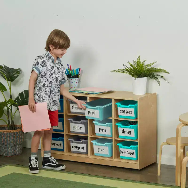 Meuble mobile à plateaux avec casiers et 15 bacs frontaux à ouverture en forme de cuillère, 3 x 4, mobilier pour enfants