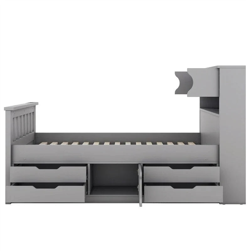 Lit plateforme de capitaine Twin/Full avec 4 tiroirs et étagères de rangement, structure en bois massif avec tête de lit bibliothèque et rangements