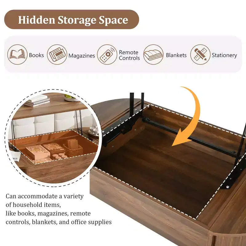 Table basse relevable ovale marron de 47,2 po avec compartiment caché