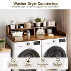 Wood Washer and Dryer Topper, 54 Laundry Countertop with 2-Tier Storage Shelf, Anti-Slip Work Surface with Guardrails for Laundry Organization