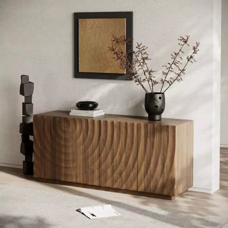 Buffet bahut en spirale moderne 59, meuble de rangement d’entrée artistique bas avec portes à texture ondulée 3D