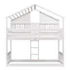 Twin Size House-Shaped Loft Bed, Wood Playhouse Loft Bed with Ladder & Guardrails for Kids