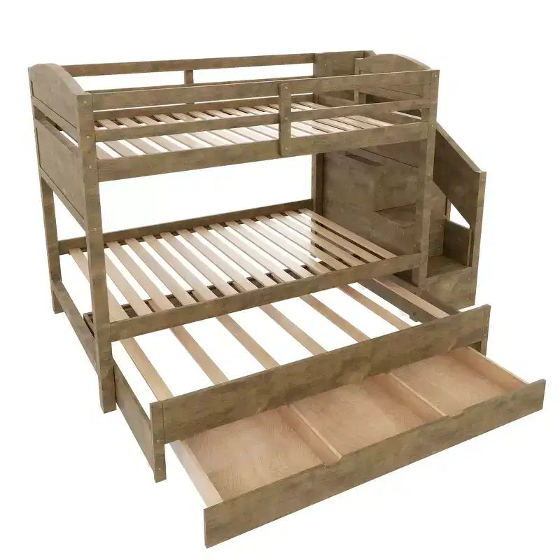 Cadre de lit superposé Whisen Twin XL avec lit gigogne, rangement, escalier de rangement en bois massif, armoire et 3 tiroirs, pour enfants