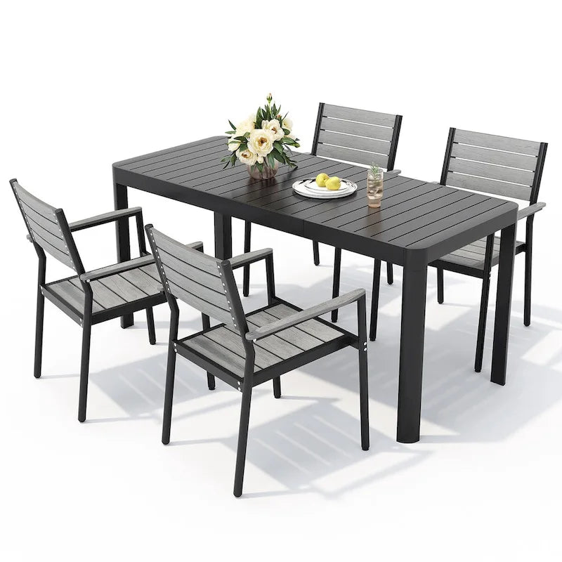 5/7-teiliges Aluminium-Essset für die Terrasse mit stapelbaren Stühlen und ausziehbarem Tisch