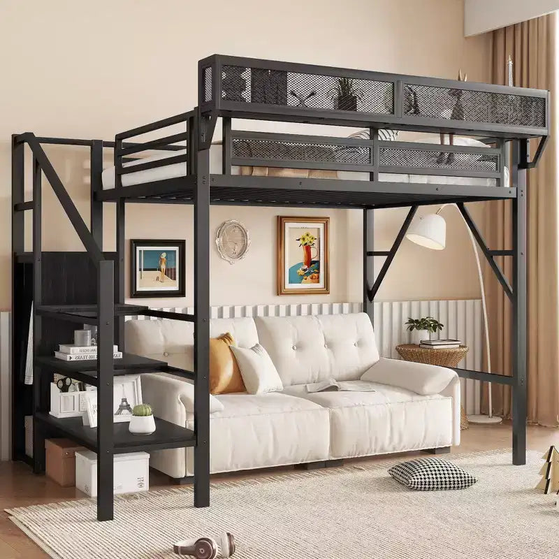 Okak 94-Zoll-Hochbett in Twin-Größe mit Kleiderschrank, Twin-Bett mit Ablagefächern und Korb, Bettgestell für Schlafzimmer und Wohnheim