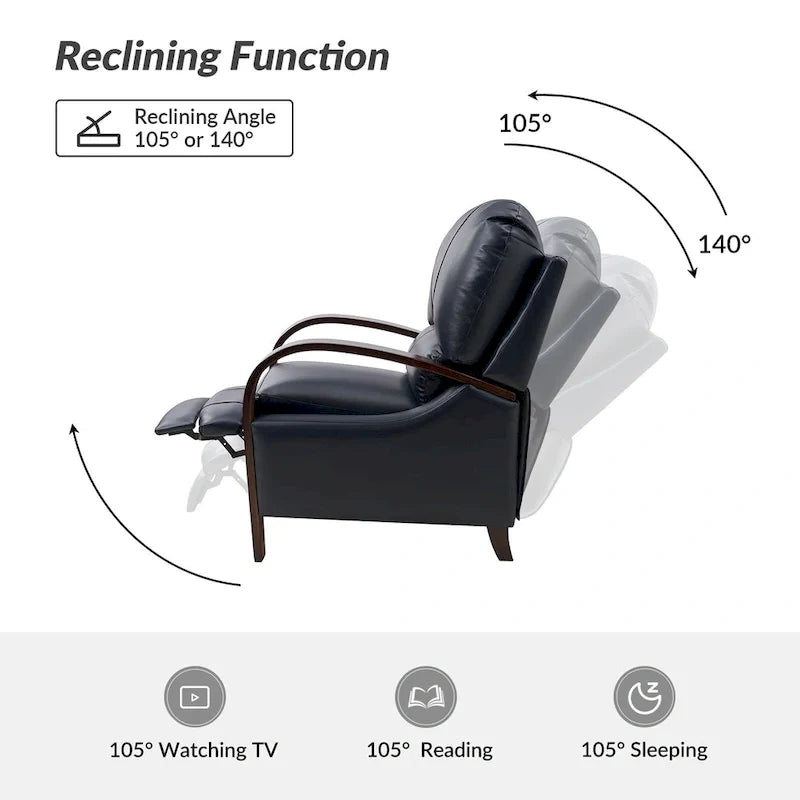 Alex moderner Relaxsessel im Mid-Century-Stil aus echtem Zigarrenleder mit manueller Verstellung und geschwungenen Holzarmlehnen