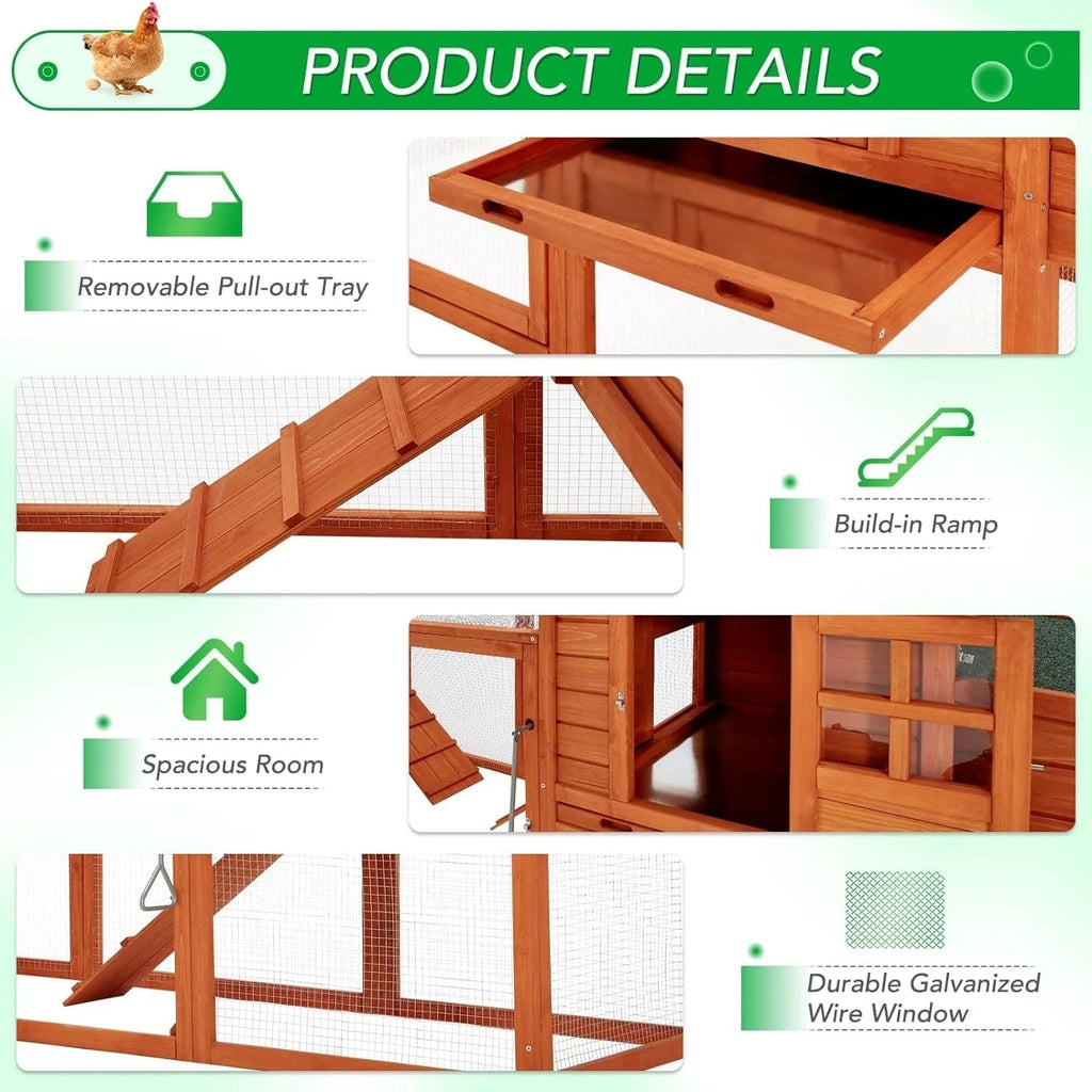 AECOJOY 144' großer Hühnerstall aus Holz mit Auslauf, Geflügelkäfig und -haus