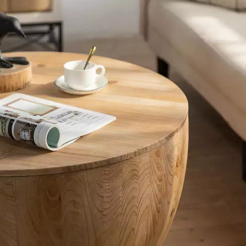 Table basse ronde de rangement rétro, en bois, adaptée au salon, à la salle à manger ou au bureau.