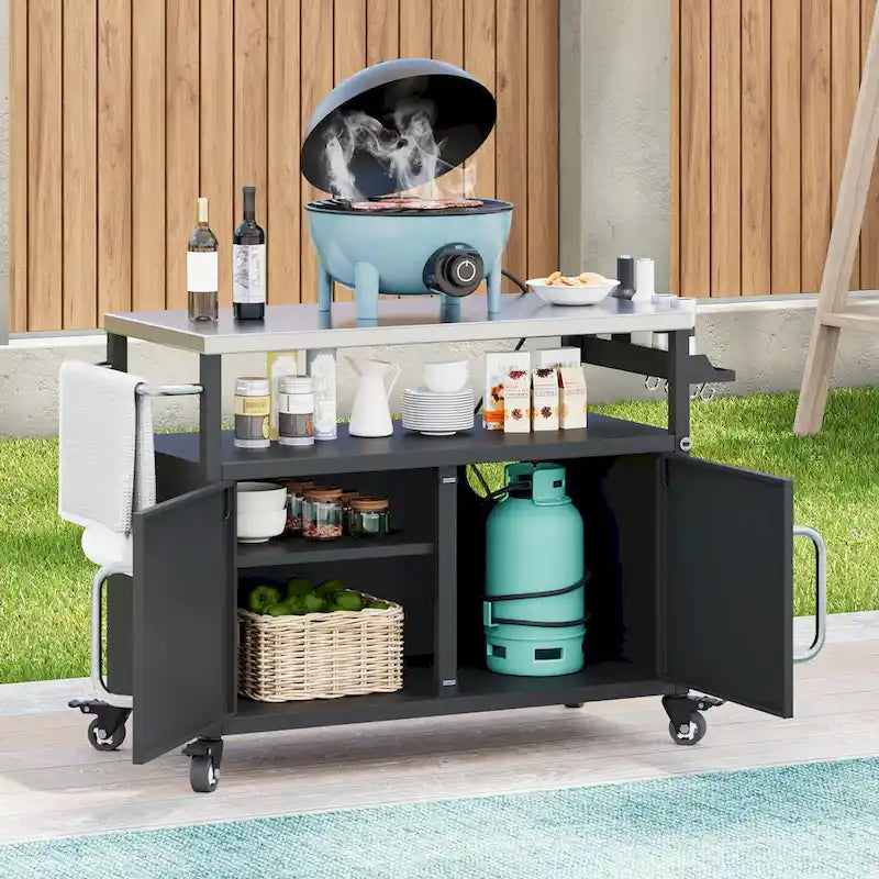Outdoor-Kücheninsel mit Edelstahl-Tischplatte, Metall-Grillwagen-Tisch mit Stauraumfach – N/A