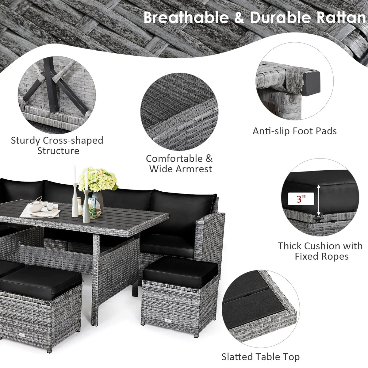 Costway Ensemble repas de jardin en rotin de 7 pièces, canapé d’angle, canapé et pouf — Voir les détails