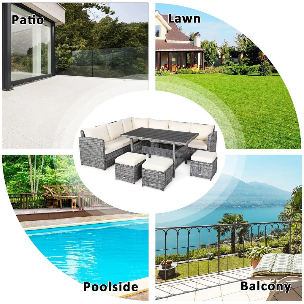 Costway Ensemble repas de jardin en rotin de 7 pièces, canapé d’angle, canapé et pouf — Voir les détails