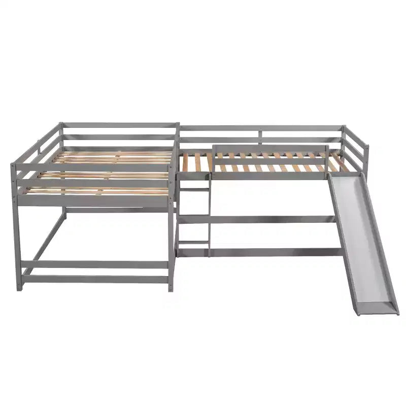 L-vormig stapelbed voor 4 kinderen, vierpersoons stapelbed met glijbaan, houten stapelbedframe met full- en twinbed voor slaapkamer of slaapzaal