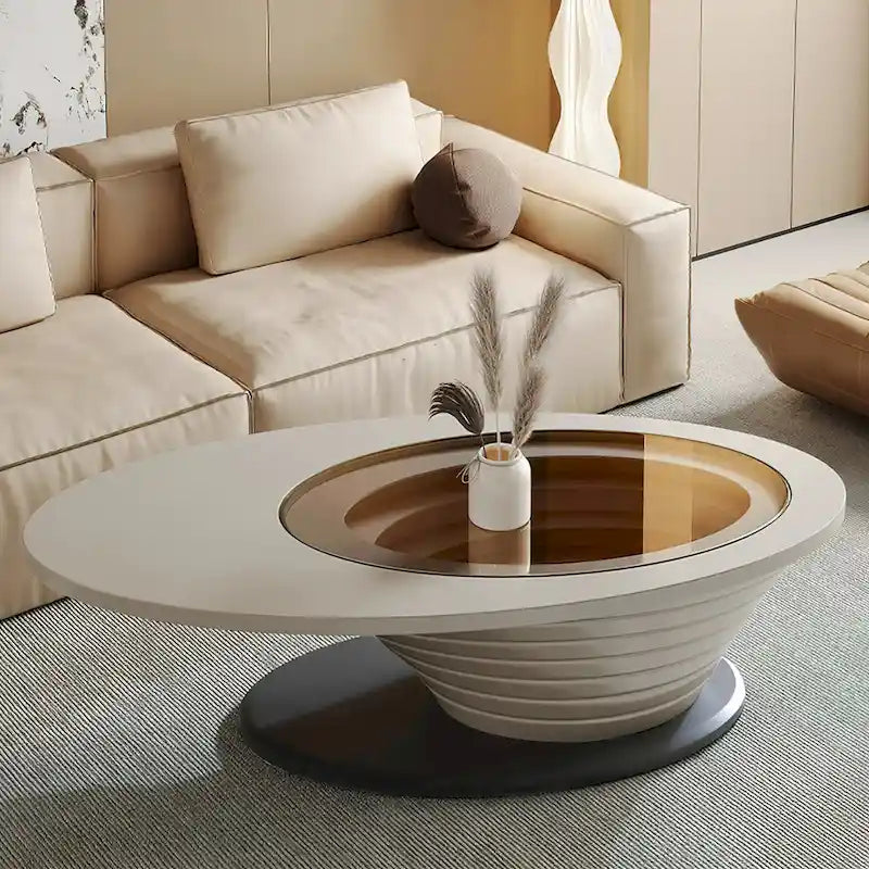 Table basse ovale moderne minimaliste de luxe léger avec plateau en verre et base grise 51 in. - L 51.18'W 25.59'H 14.37'