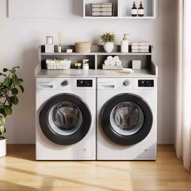 Plan de travail à 2 niveaux pour lave-linge et sèche-linge avec étagère ou tiroirs, couvre-plan de buanderie avec tapis antidérapant, dessus de 54X27.5 pour plier le linge