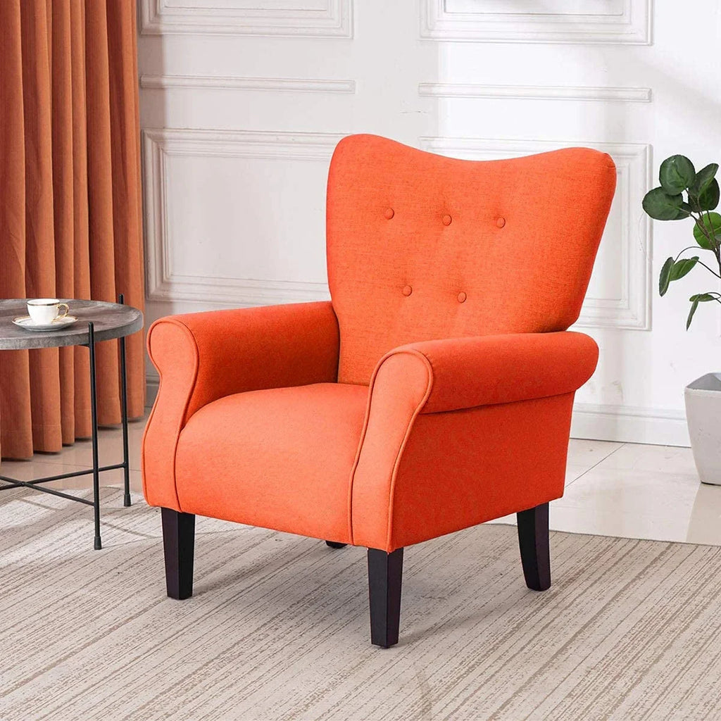 Erommy moderne accentstoel, fauteuil met hoge rugleuning, gestoffeerde stoffen fauteuil met knopen en houten poten voor de woonkamer