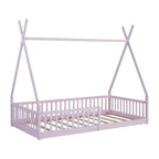 Bodenbett für Kinder, Zeltbett in Einzelgröße, Montessori-Bodenbett mit Lattenrost und Schutzgittern, Holzhaus-Bettrahmen für Jungen und Mädchen
