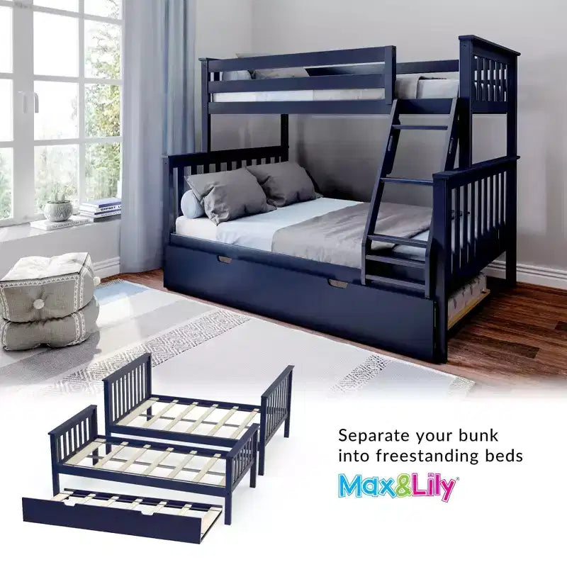 Max & Lily Etagenbett aus Massivholz, Einzelbett über Doppelbett mit ausziehbarem Stauraumbett und Leiter für Kinder