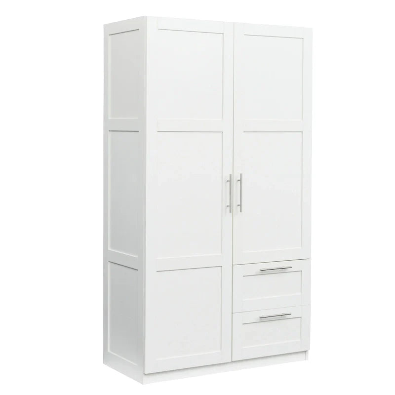 Armoire-penderie en bois blanc avec portes, tiroirs et tringle