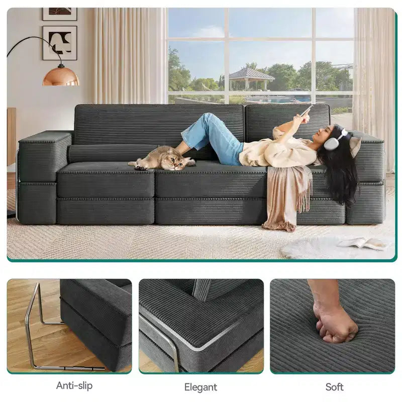 Canapé modulable Cloud convertible, confortable, en velours côtelé, avec assise profonde et coussins hauts, montage facile