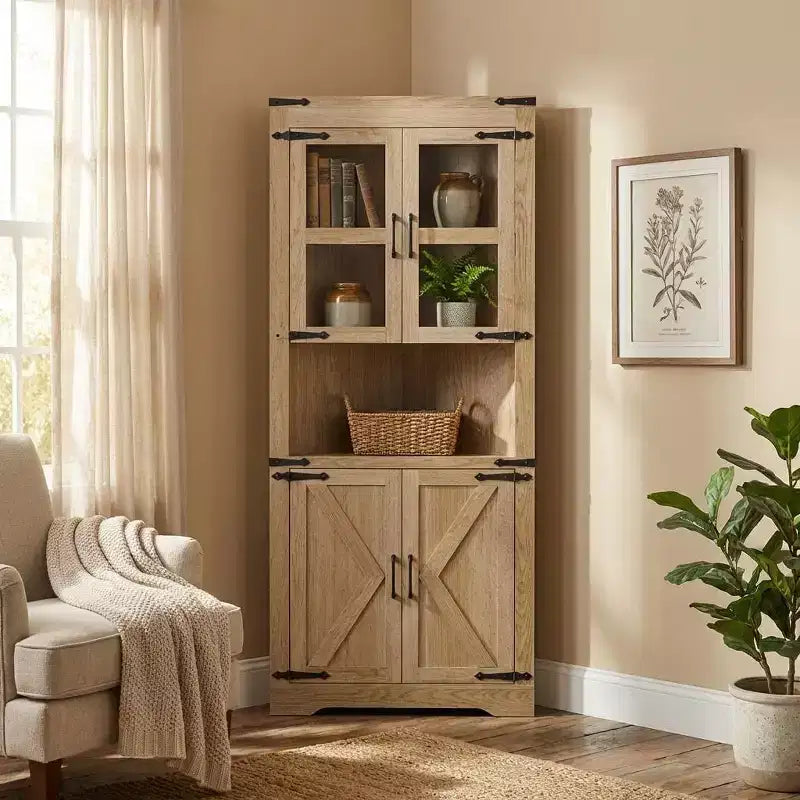 69 Zoll hoher Eckschrank im Landhausstil, platzsparender Eckschrank mit Glastür und verstellbaren Regalböden für Wohnzimmer und Küche