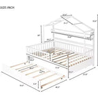 Acekool Full Size House Bed Frame with Twin Trundle, Storage Drawers & Shelves, Roof & Fence, Kids Platform Bed, White